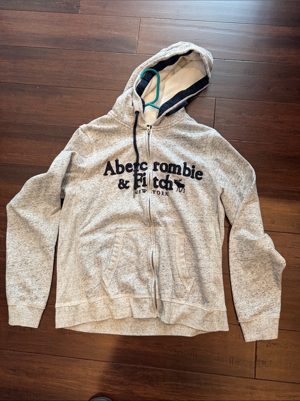 Abercrombie & Fitch Light Gray Zip-Up Hoodie with Navy Logo